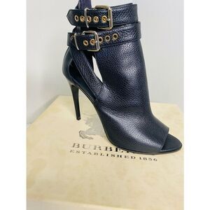 Burberry Black Leather Peep-Toe Stiletto Ankle Boots with Buckles. Authentic.